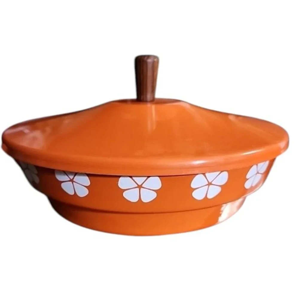 Vintage Enamel Pan and Lid Orange w/ White Flowers Wood Handles Made in Japan